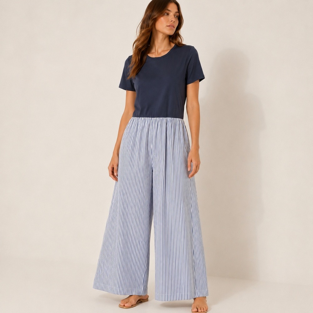 Weekend Max Mara Jumpsuit Blue White Striped‎ Wide Leg Mixed Media Navy EUC M